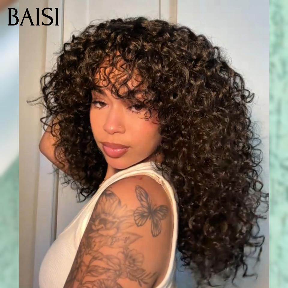 BAISI Perruque promotion Facile à porter water wave curly avec Frange en sans Colle 12 Pouces 89€ en Confortable et haut de gamme 100% Cheveux Humains