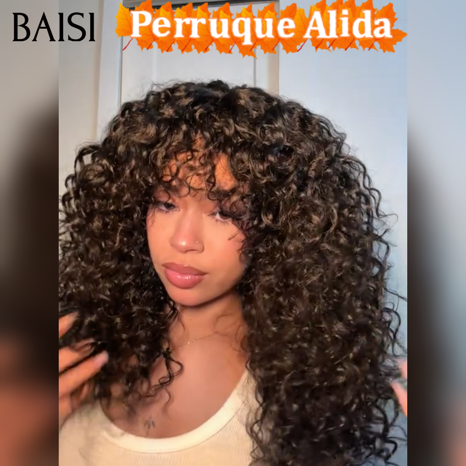 BAISI Perruque promotion Facile à porter water wave curly avec Frange en sans Colle 12 Pouces 89€ en Confortable et haut de gamme 100% Cheveux Humains