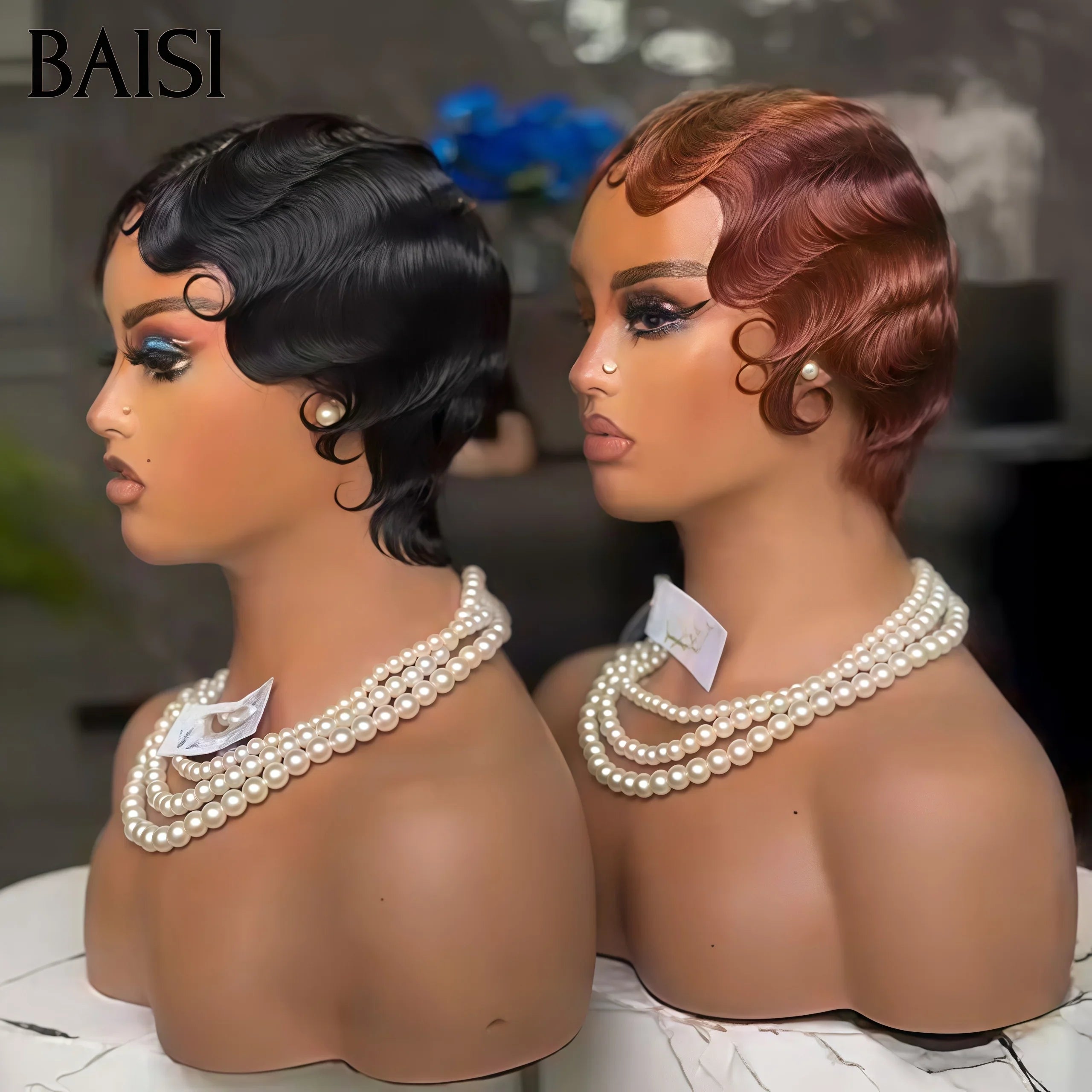 BAISI 13X4 Short Pixie Finger Wave Wig in Pink Color €88 In 100% Human Hair BS50