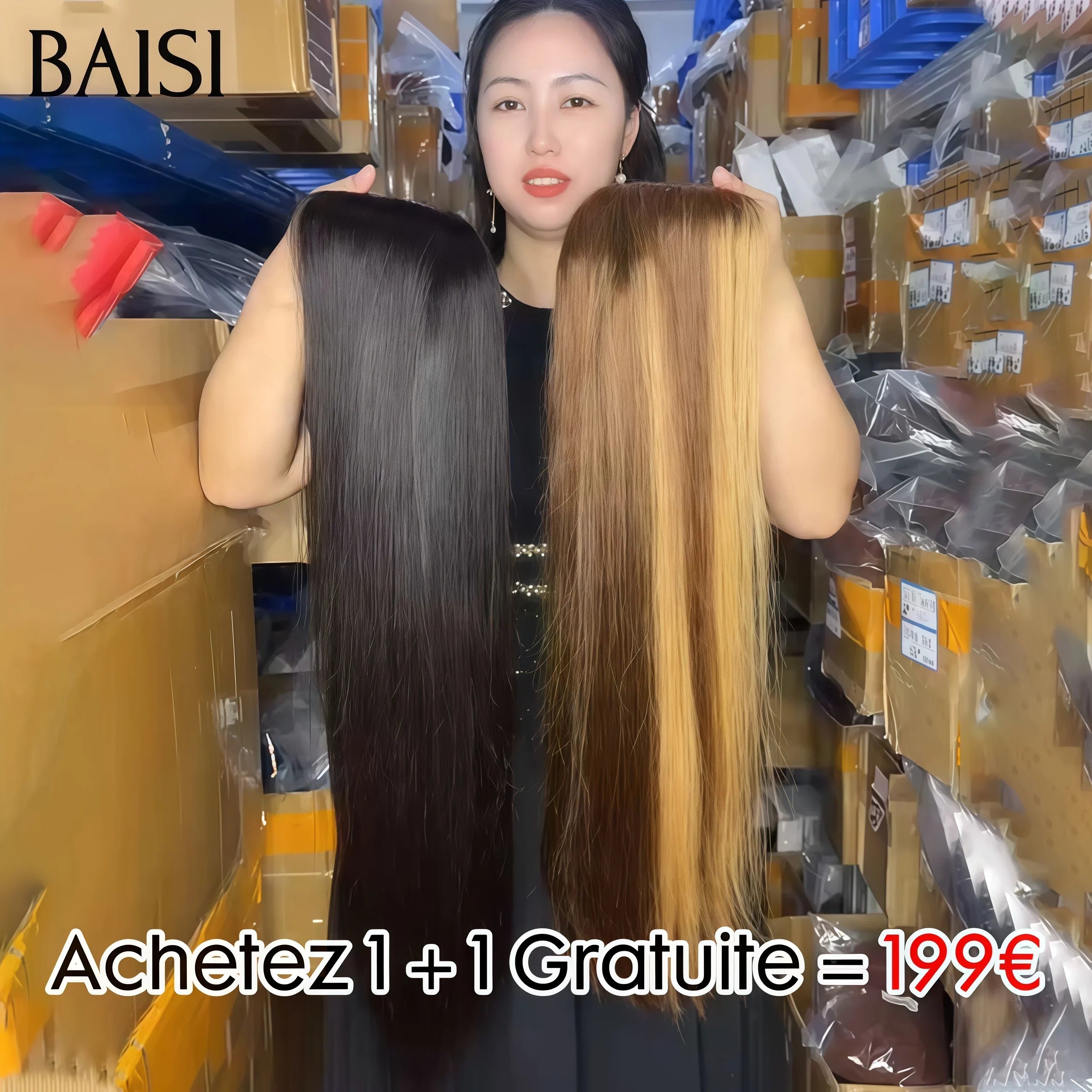 BAISI Achetez 1 + 1 Gratuite = 199€ 13X4 lace frontal Lisse 20 Pouces en couleur Mixte et 4x4 lace closure NOIR Lisse Perruque en 100% vrais cheveux humains