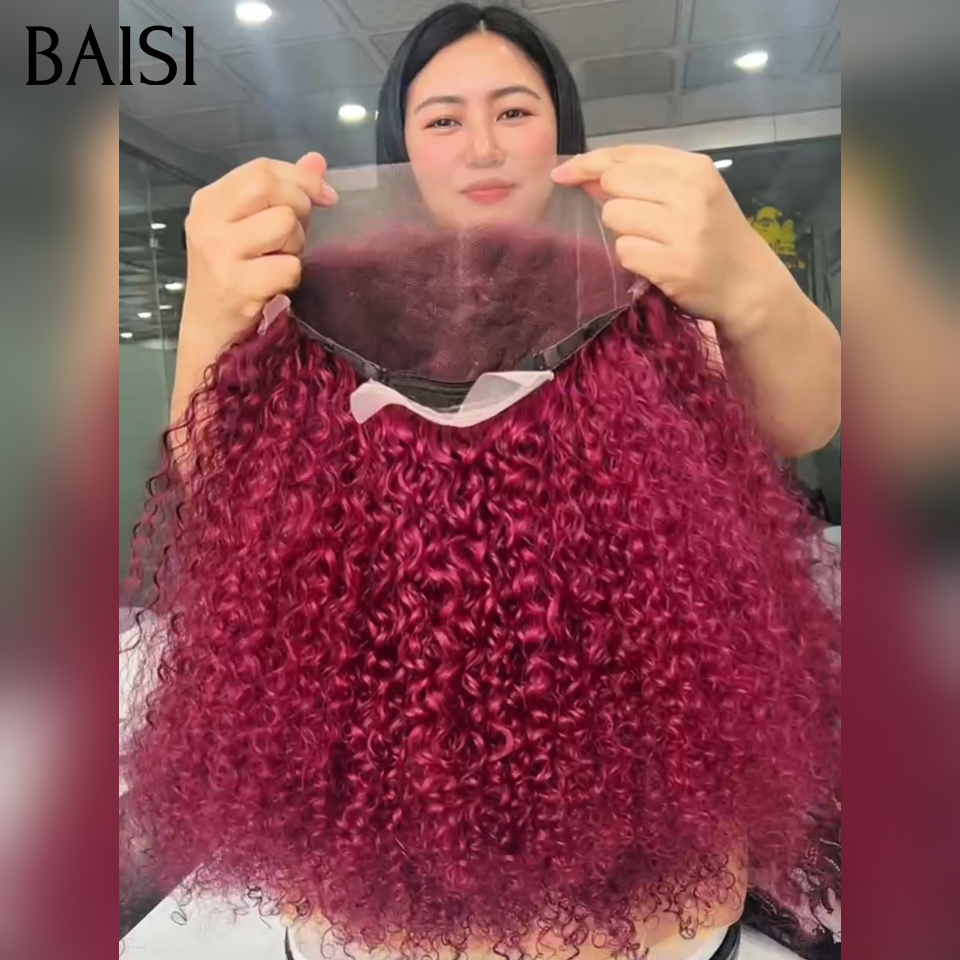 BAISI Recommandée lace Frontale 13X4 perruque Curly wave bordeaux #99J 300% volume 20 pouce en 100% cheveux humains