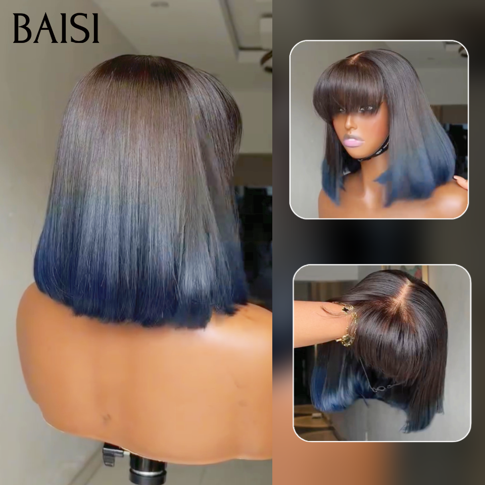 BAISI vente flash bob lisse avec frange bleu ou 2 perruques en Promo 162€ 5x5 lace egg wave 1BT4# 12 Pouces et 4x4 lace curly wave moitié prix en 100% vrais cheveux humains mp50