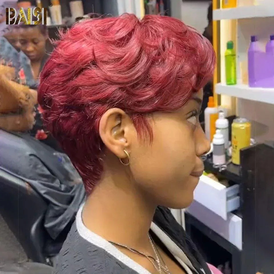 BAISI  Perruque Pixie bouclé  petite coupe en couleur bordeaux 99J# 6 pouces 80€ En 100% Cheveux Humains
