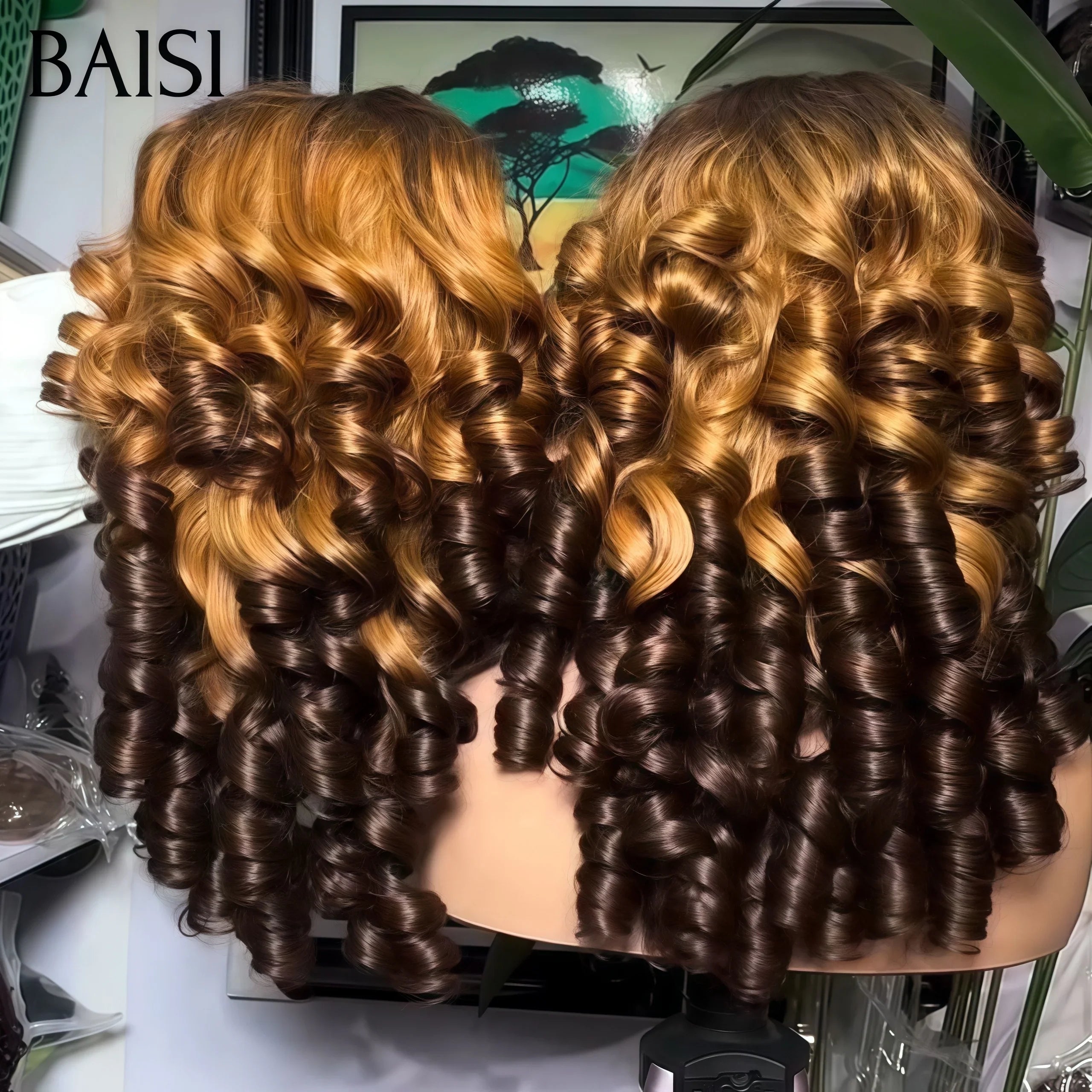 BAISI Perruque lace closure Bouclée loose Wave en Couleurs Marron Mixte Miel 4#27# en 100% Cheveux Humains BS65