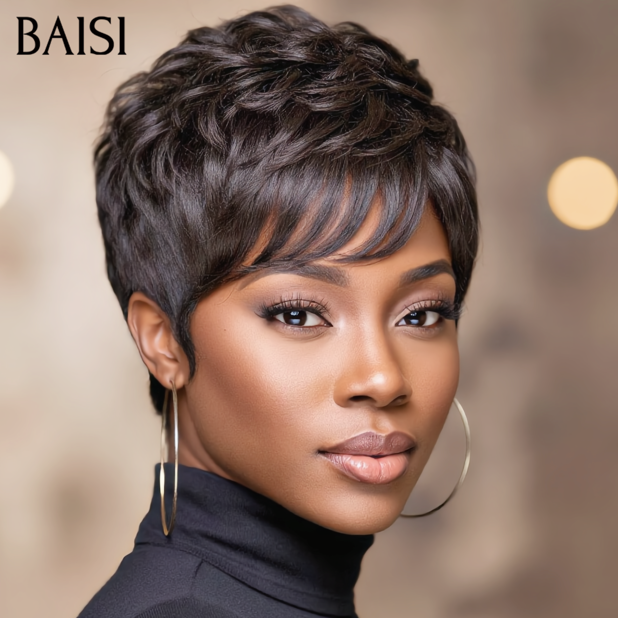 BAISI BLACK FRIDAY Offre limitée Perruque Chioma pixie sans lace 38€ finger wave NOIR Moitié Prix en 100% cheveux humains MP50