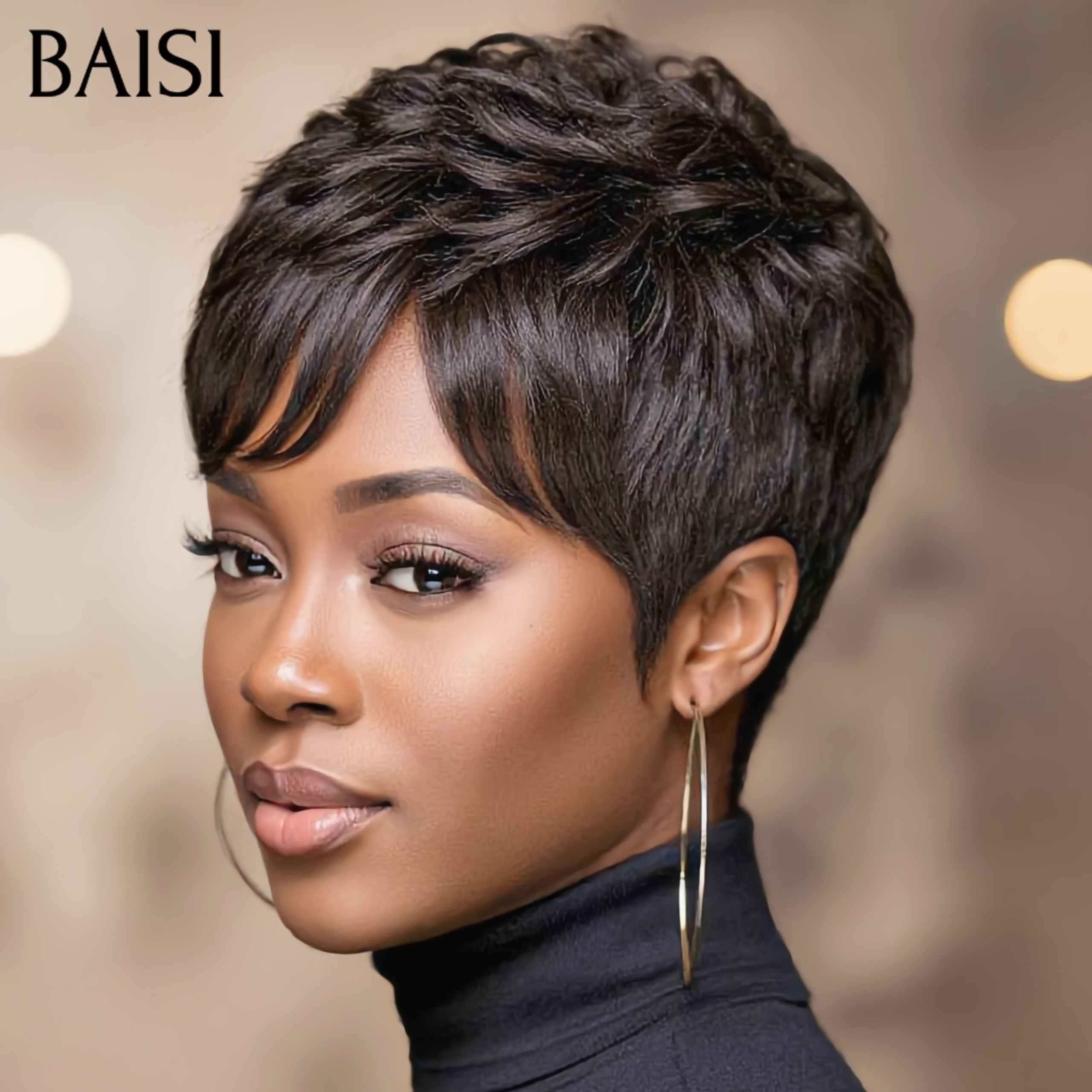 BAISI BLACK FRIDAY Offre limitée Perruque Chioma pixie sans lace 38€ finger wave NOIR Moitié Prix en 100% cheveux humains MP50