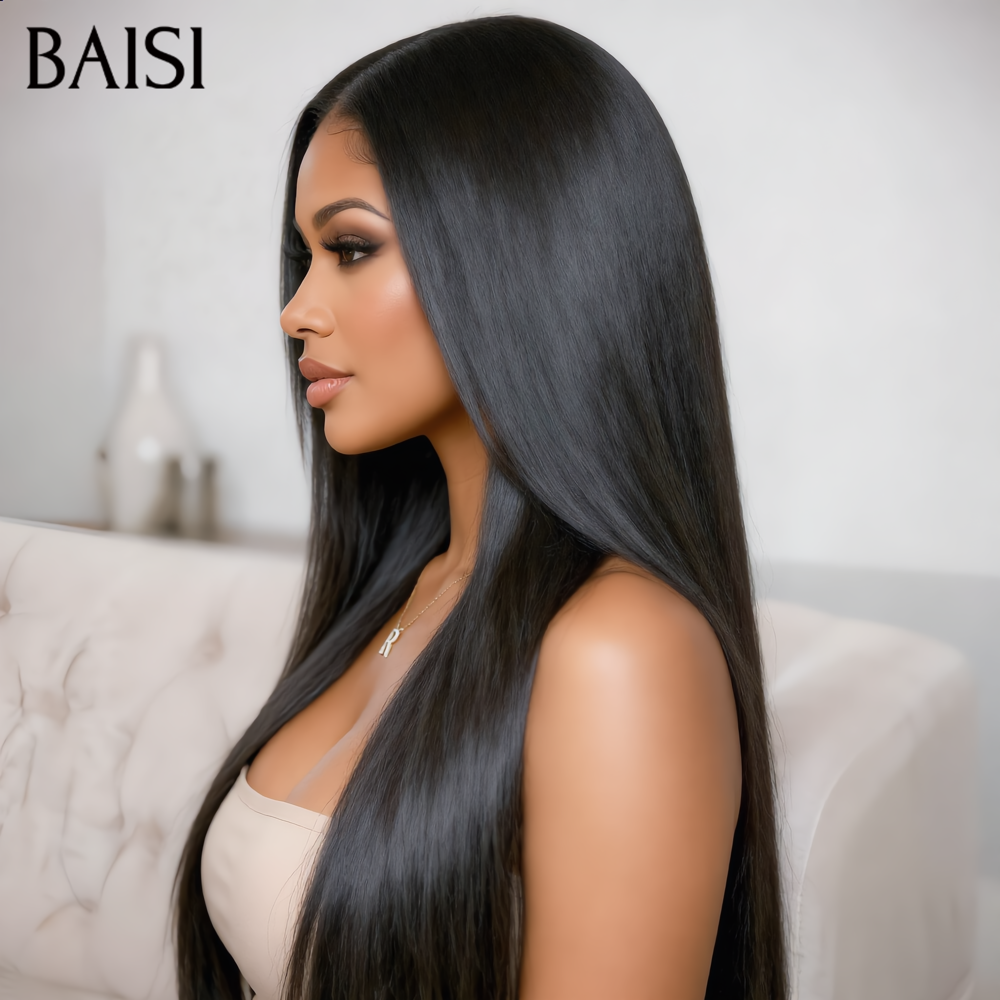 BAISI 13x4 Frontal Perruque Lisse  BLACK FRIDAY BAS Prix en couleur noir Pré-plucked Pas Besoin de Colle en 100% Raw Hair Lace déjà couper