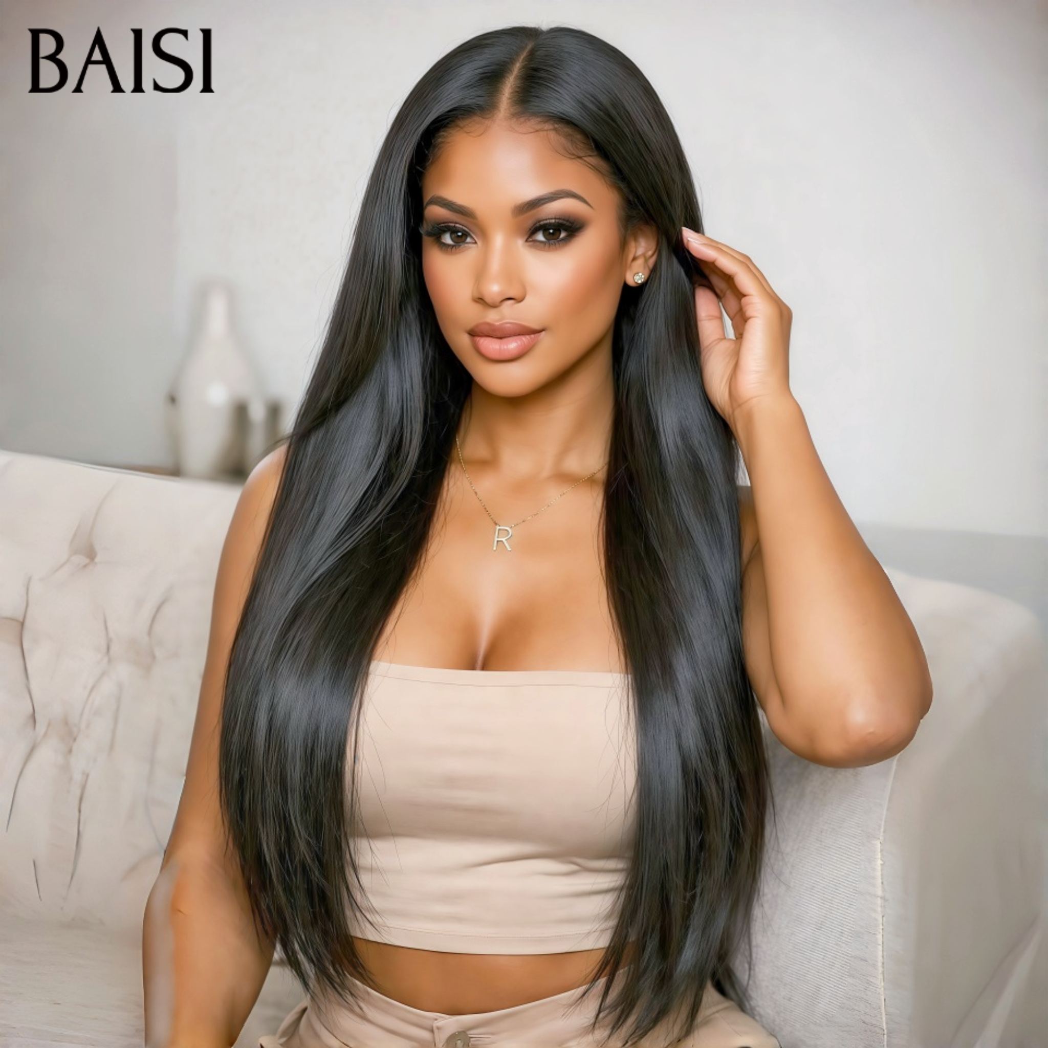 BAISI 13x4 Frontal Perruque Lisse  BLACK FRIDAY BAS Prix en couleur noir Pré-plucked Pas Besoin de Colle en 100% Raw Hair Lace déjà couper