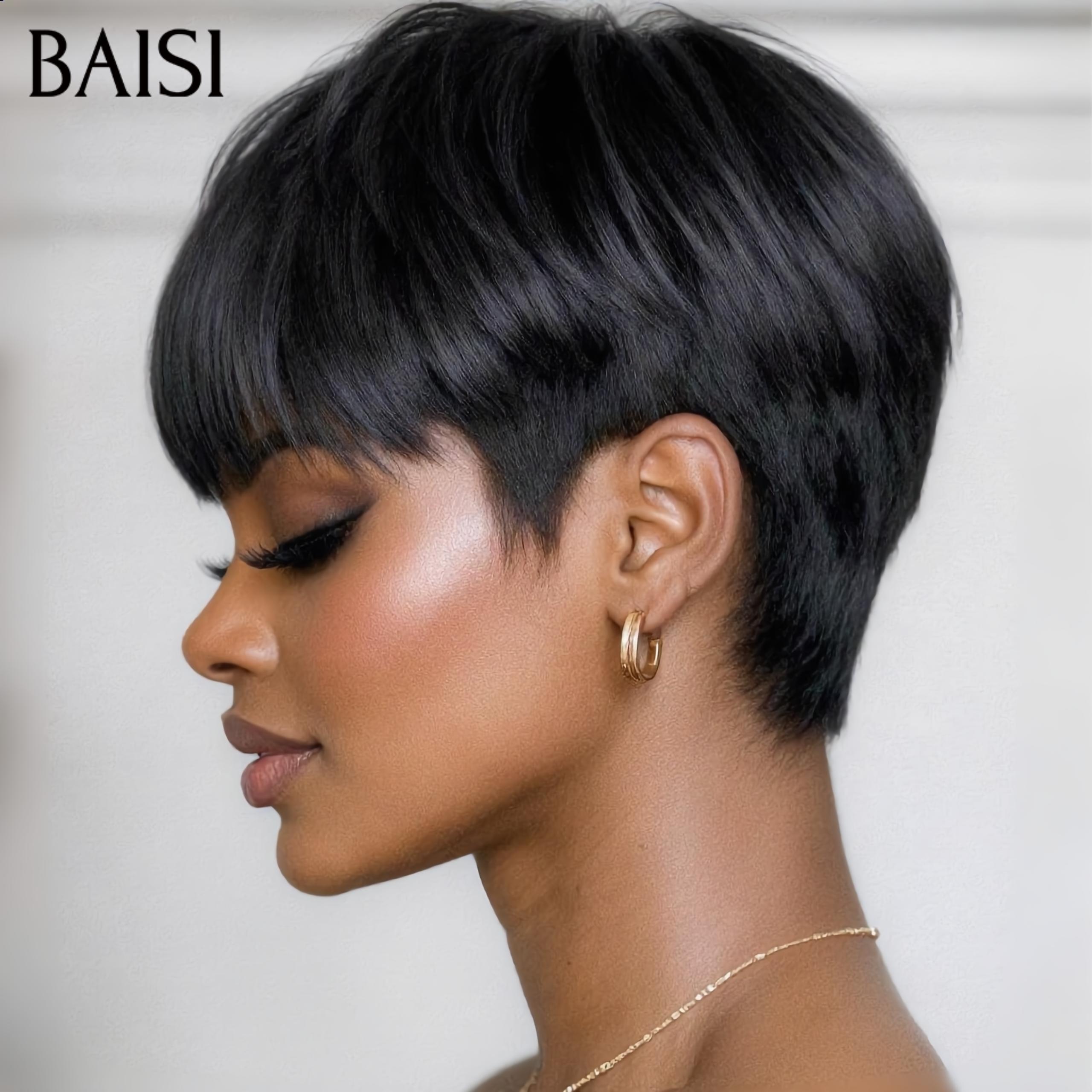 BAISI pixie 42€ en Couleur Marron Mix Miel 4#27#  9047 Pixie Noir #026 petite coupe fabriqué à la machine Sans Colle Sans Lace