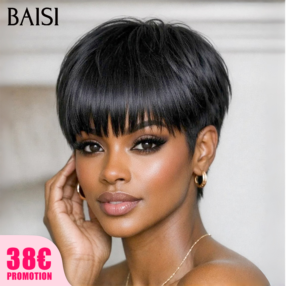 BAISI pixie noir 38€ ou Couleur Marron Mix Miel 4#27#  9047 Pixie Noir #026 petite coupe fabriqué à la machine Sans Colle Sans Lace cheveaux humains