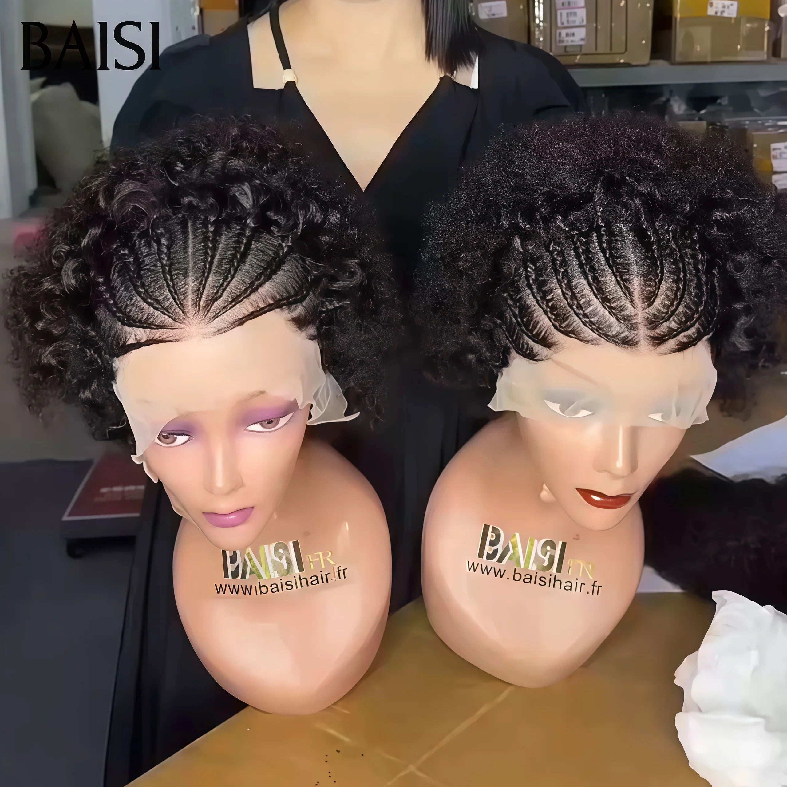 BAISI 13X4  frontale lace perruque afro curl wave avec coiffure tressée natte frisé 55€ 100% cheveux humains BS60