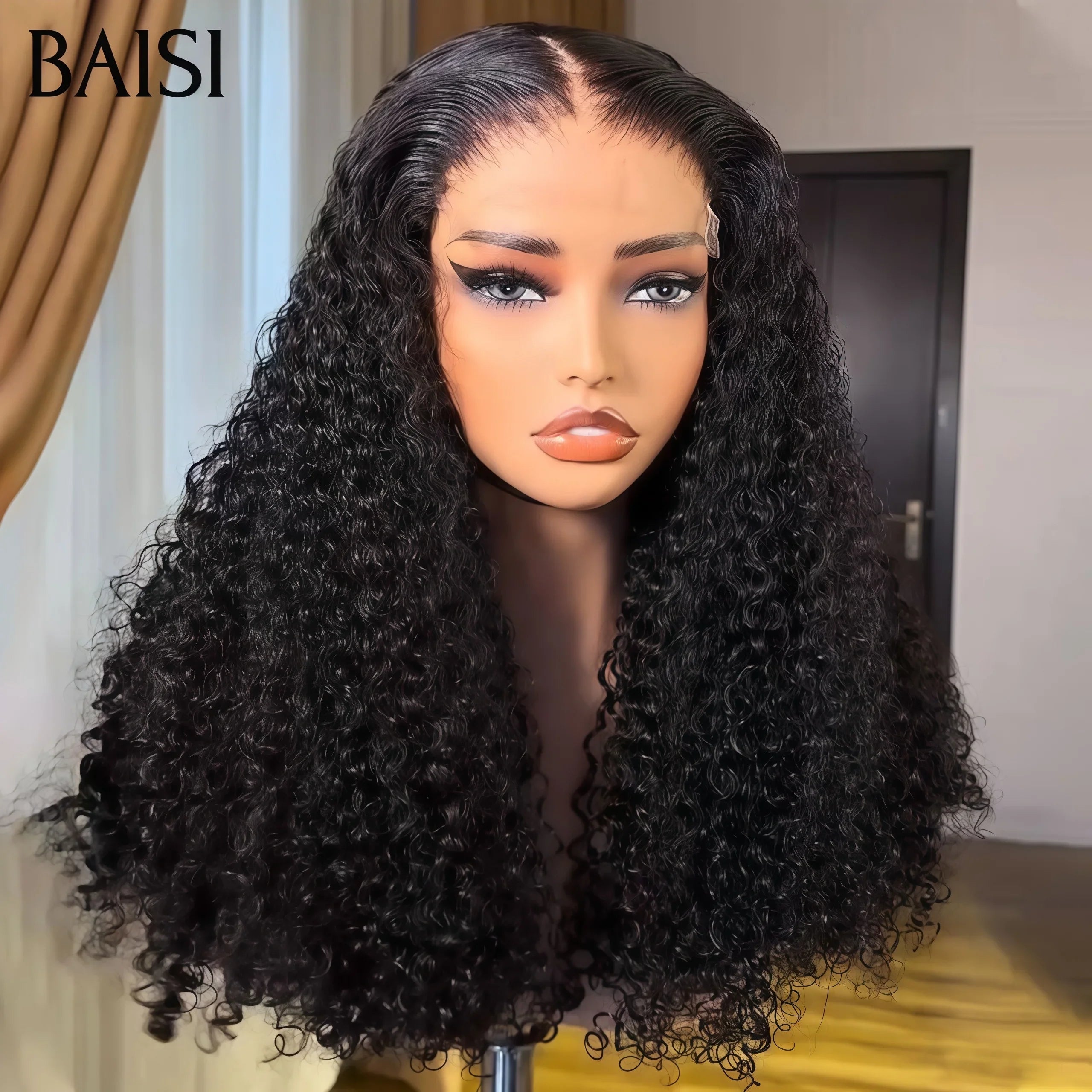 BAISI 4X4 lace closure Perruques 16 pouces 145€ de Luxe Volume 250% densité noir Curly Wave double drawn mèches vièges  en 100% Cheveux Humains FR40