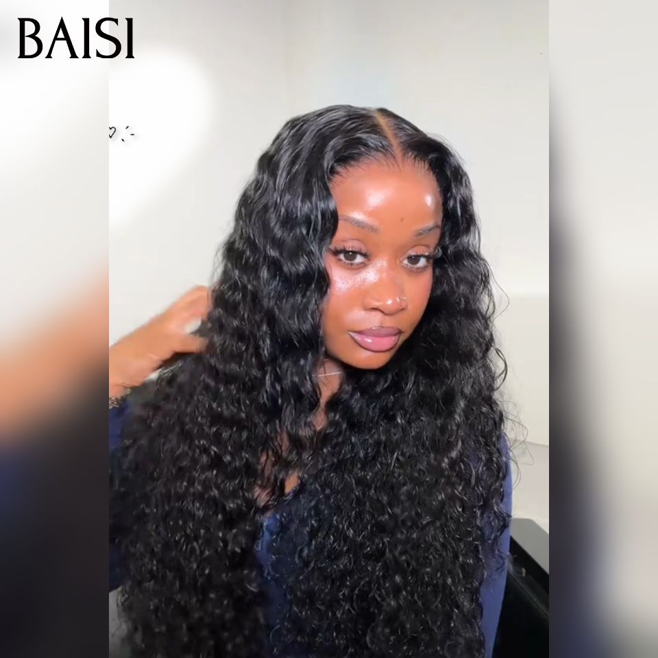 BAISI 13x4 Peruca Bob Deep Wave Preta Sem Cola Lace Já Cortada Fácil de Usar em 100% Cabelo Humano