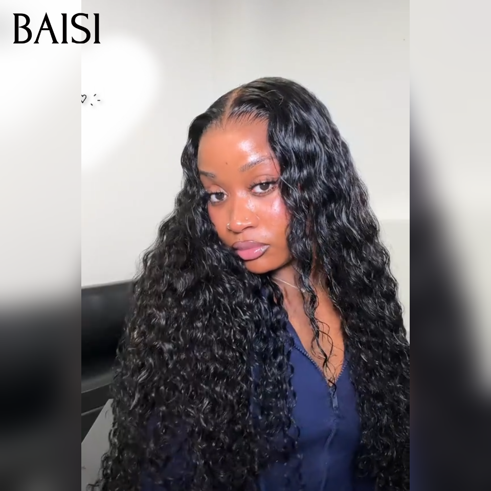 BAISI 13x4 Peruca Bob Deep Wave Preta Sem Cola Lace Já Cortada Fácil de Usar em 100% Cabelo Humano