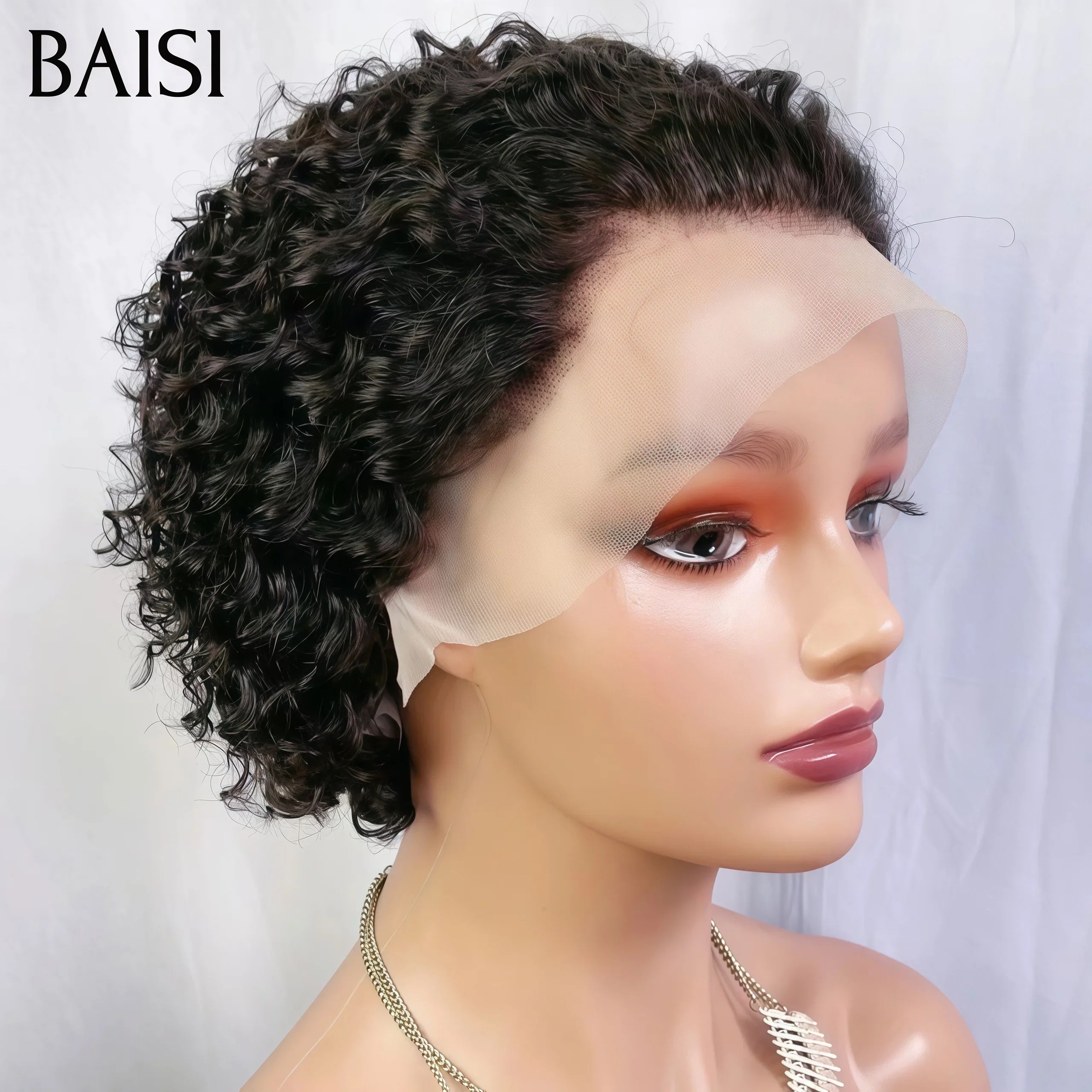 BAISI 13X4 lace frontal Perruque pixie Vague curly En Couleur Mixte brun ou Noir en 100% Cheveux Humains