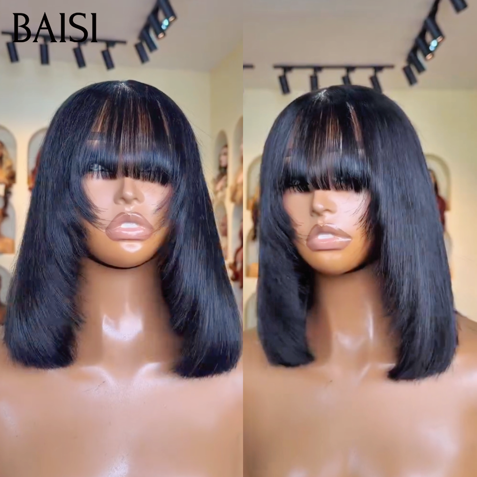 BAISI Perruque BOB Lisse avec Frange 12Pouces 100% Vietnam Hair Couleur Noir Coupe Effilée Pas Besoin de Colle en 100% Cheveux Humains 78€ Seulement  Perruque en France Reçu 48H TVA 0€