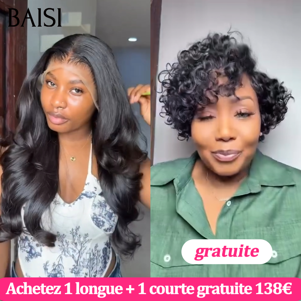 BAISI 2 perruques 138€ Achetez 1 Longue + 1 Courte Gratuite en Couleur Noir très Pratique  100% vrais cheveux humains