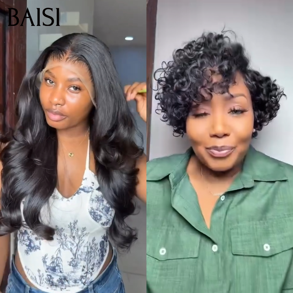 BAISI 2 perruques 138€ Achetez 1 Longue + 1 Courte Gratuite en Couleur Noir très Pratique  100% vrais cheveux humains