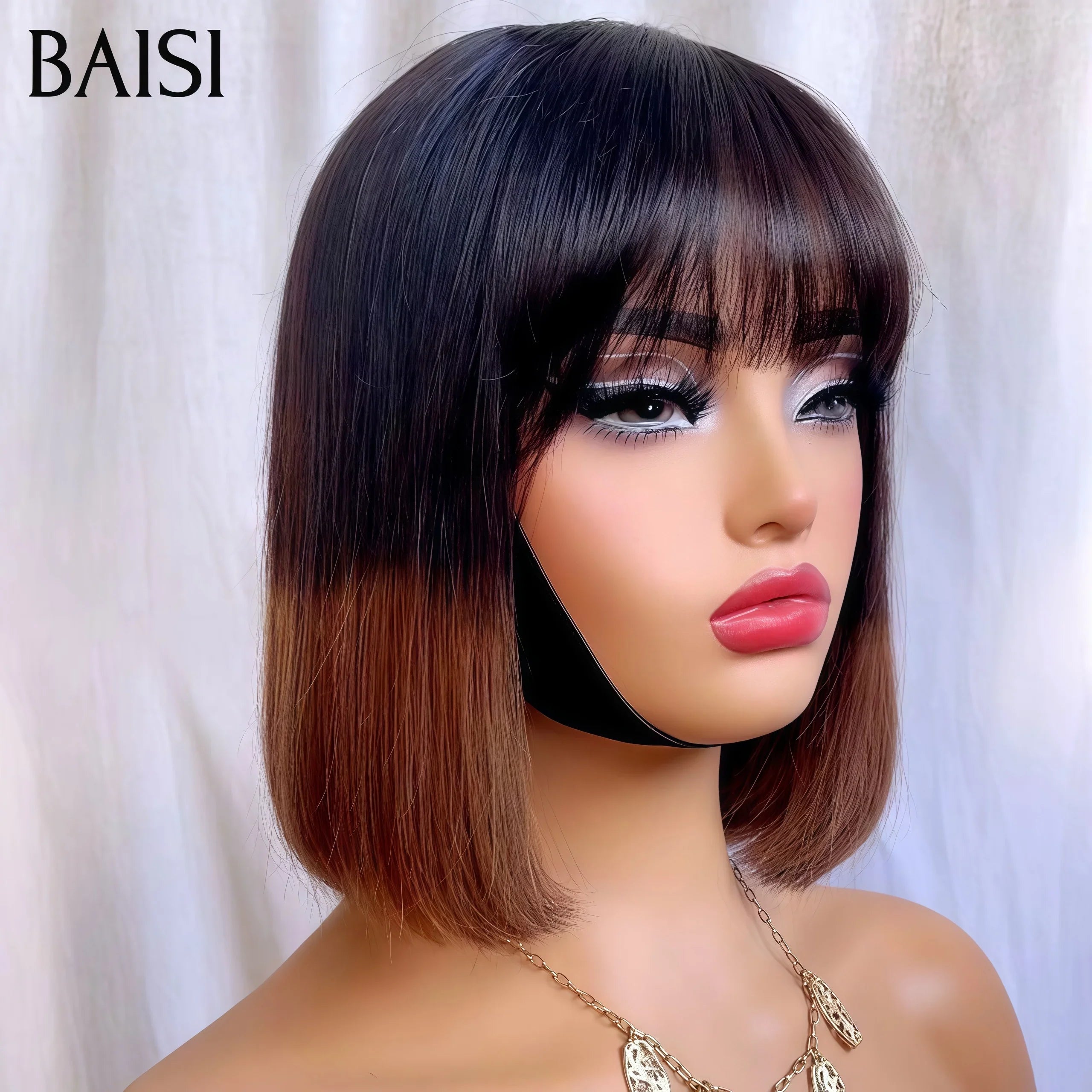 BAISI  Lisse BOB avec Frange 78€ Personnalisation des couleurs Marron avec racine 1BT4# en 100% vrais cheveux humains FR38