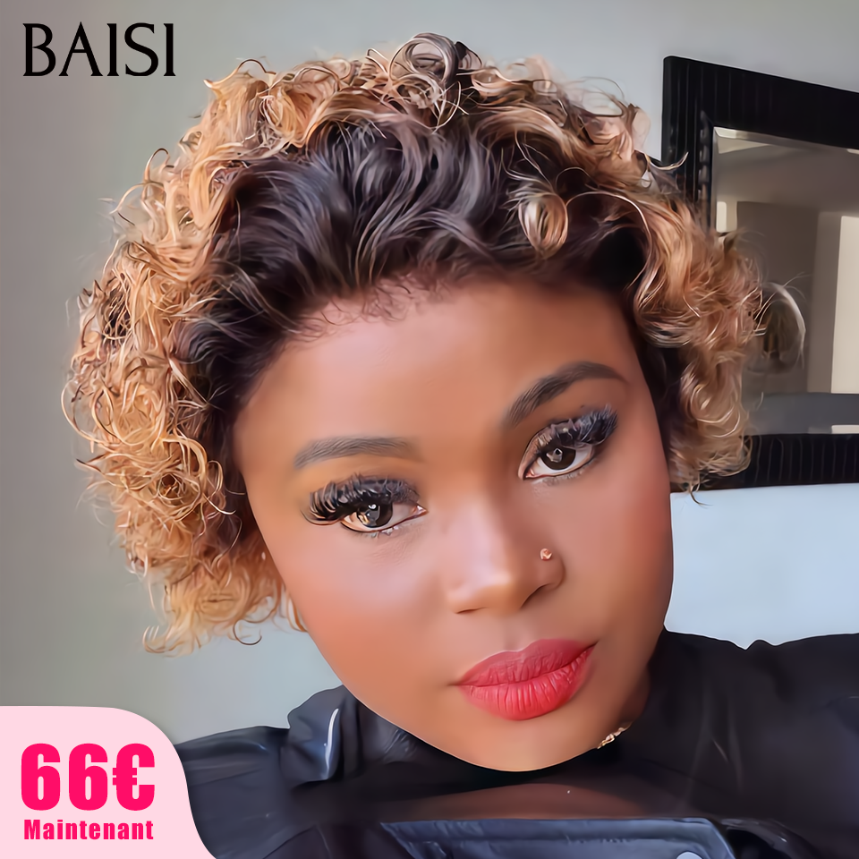 BAISI bouclé Wave con Frangia senza Colla 66€ o 5X5 Parrucca pixie Vague riccia Colore Nero e Miele 1B-27# 95.99€ in 100% Capelli Umani