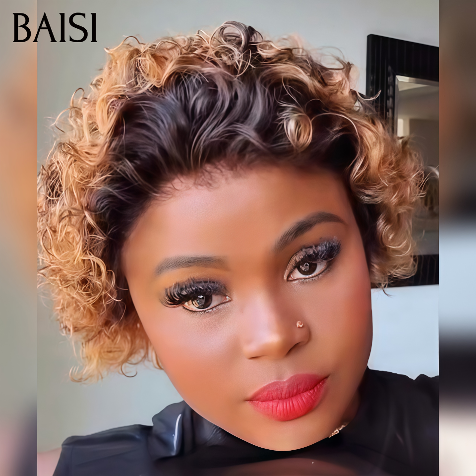 BAISI bouclé Wave con Frangia senza Colla 66€ o 5X5 Parrucca pixie Vague riccia Colore Nero e Miele 1B-27# 95.99€ in 100% Capelli Umani