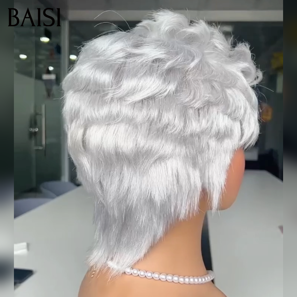 BAISI Perruque Pixie Courte Texture en Vague Nouvelle Tendance Pour les Jeunes 69€ Seulement sans Colle Très facile à Porter en couleur grise 100% cheveux humains