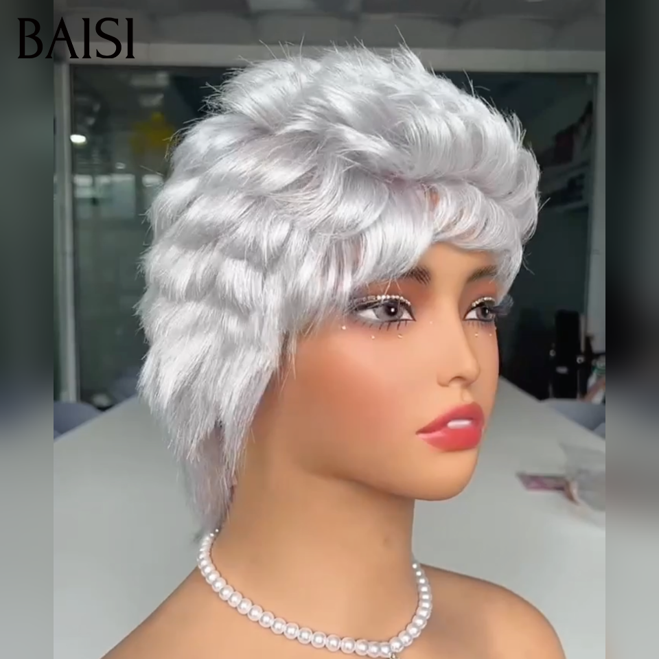 BAISI Perruque Pixie Courte Texture en Vague Nouvelle Tendance Pour les Jeunes 69€ Seulement sans Colle Très facile à Porter en couleur grise 100% cheveux humains