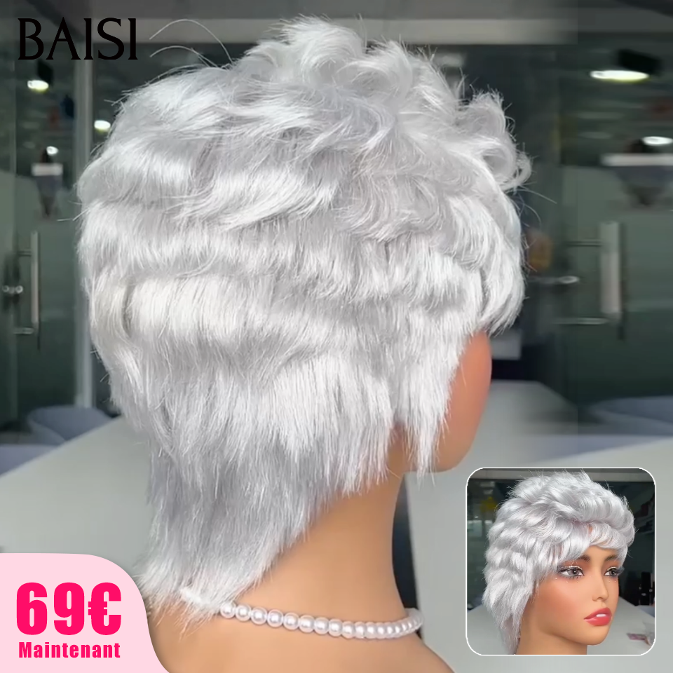 BAISI Perruque Pixie Courte Texture en Vague Nouvelle Tendance Pour les Jeunes 69€ Seulement sans Colle Très facile à Porter en couleur grise 100% cheveux humains