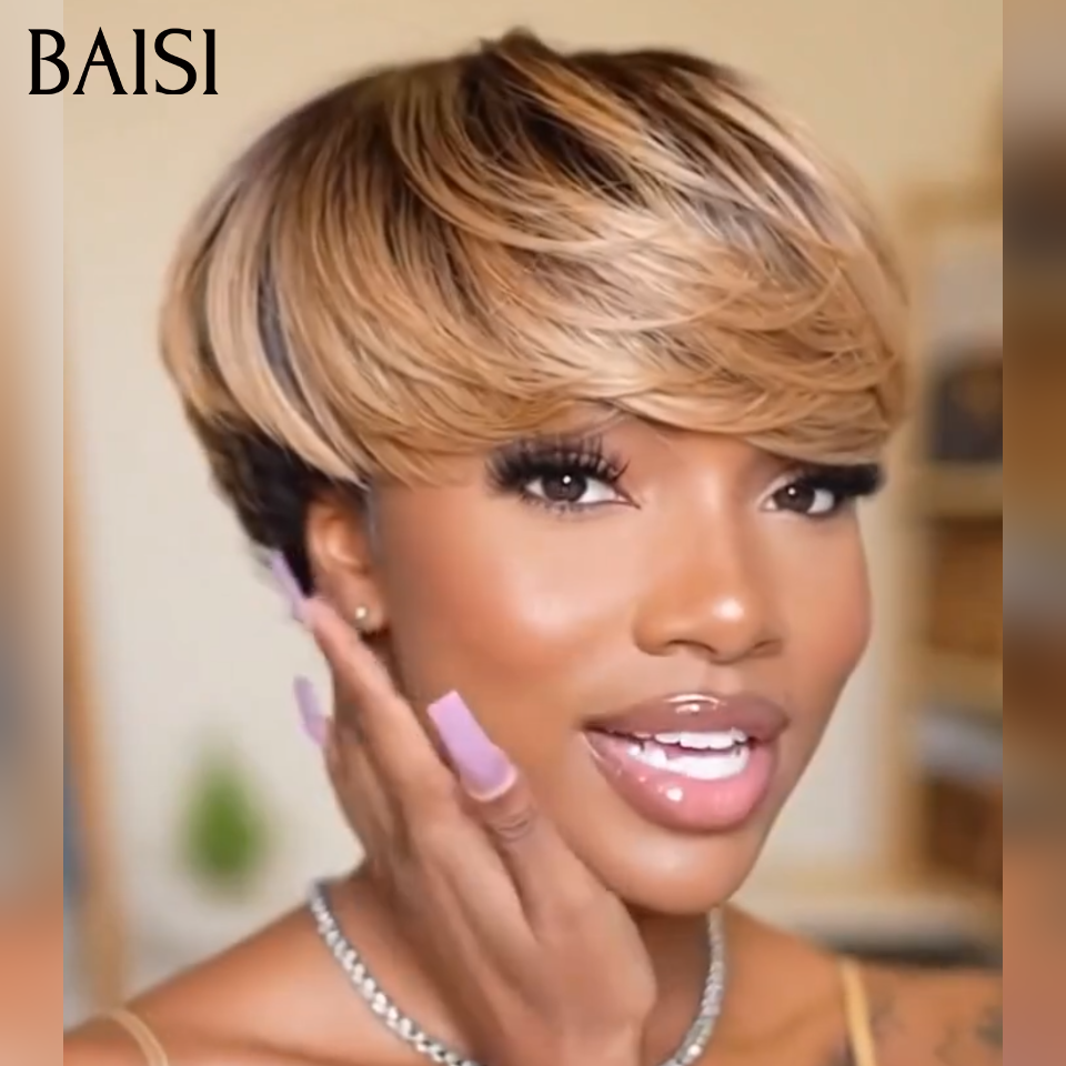 BAISI Perruque Pixie Lisse Noir et Miel Sans Colle 55€ Seulement Perruque Spéciale pour les Vacances en 100% Cheveux Humains