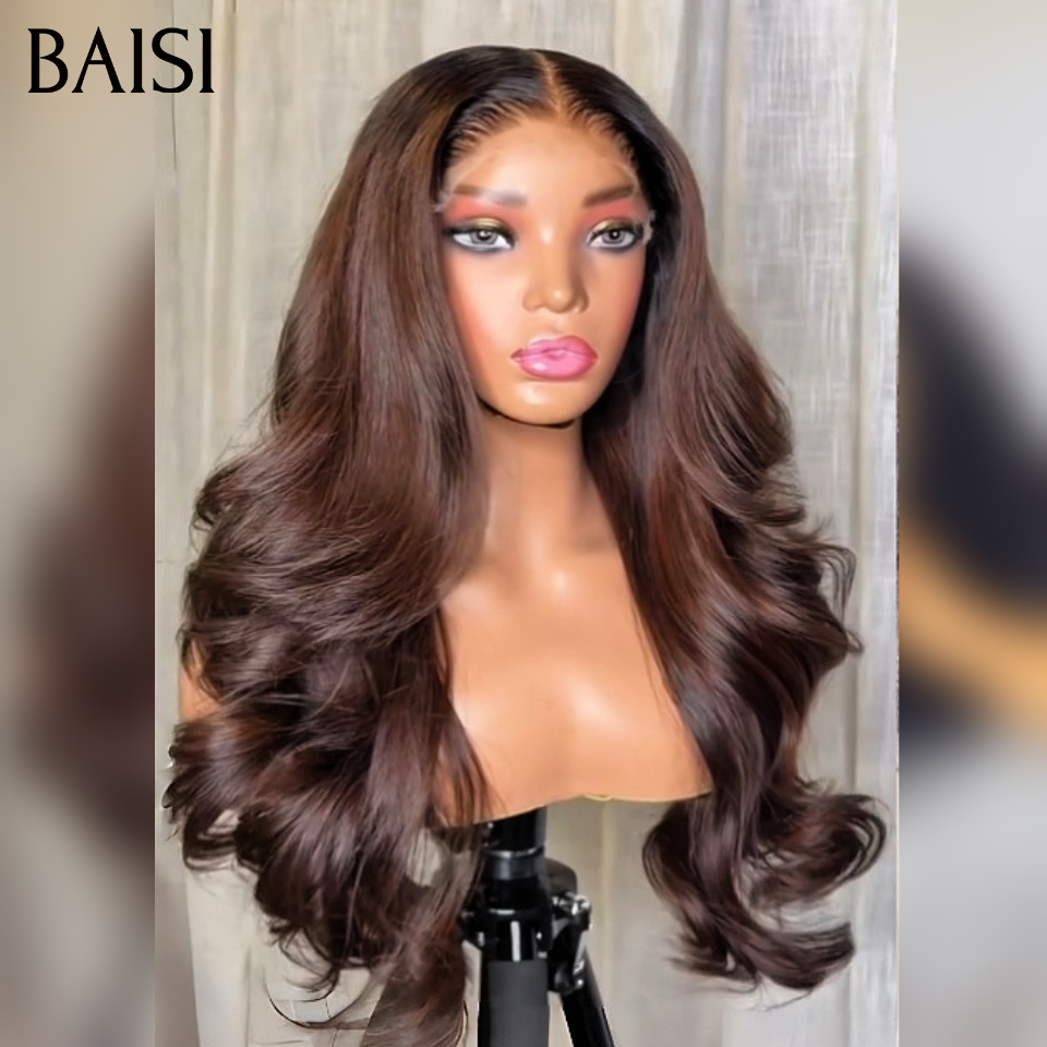 BAISI Lot 2 perruques Lace Frontal 13x4 198€ Pour Revendre  1 Perruque Body Wave Marron 24pouces + 1 Perruque Kinky Curly Noir 20pouces en 100% cheveux humains