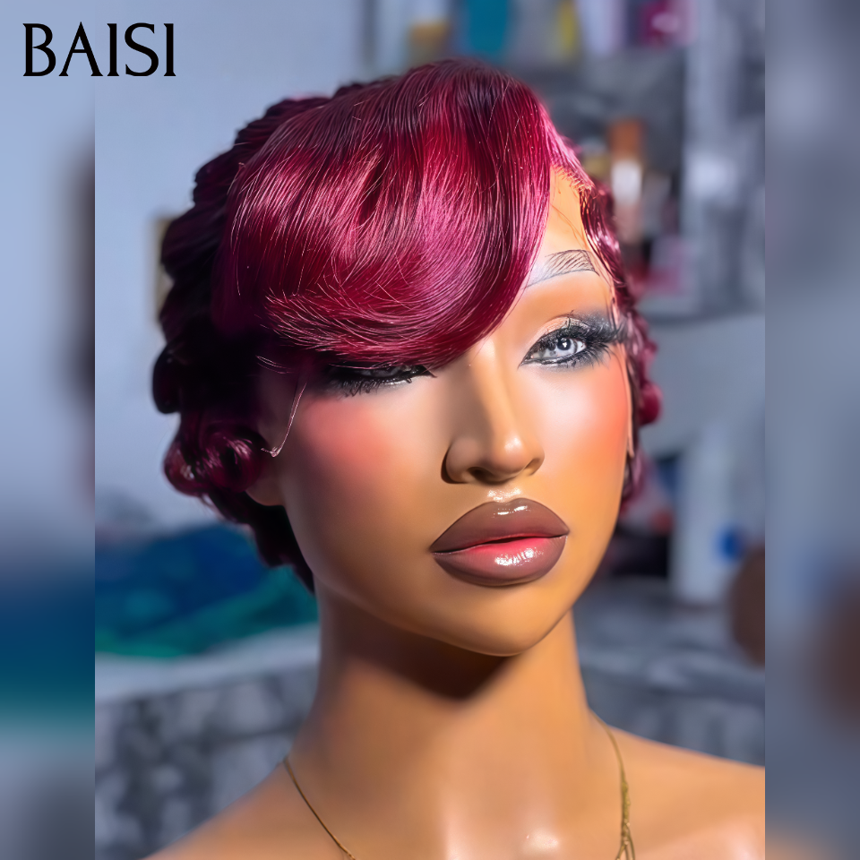 BAISI 13X4 peruca lace Pixie ondulada 6 Pouces Cor 99J# 78€ em 100% Cabelo Humano BS65
