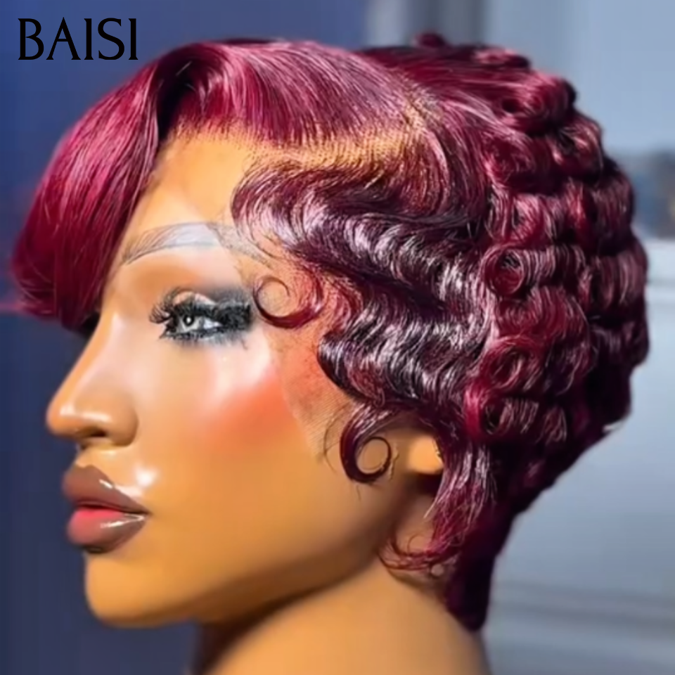 BAISI 13X4 peruca lace Pixie ondulada 6 Pouces Cor 99J# 78€ em 100% Cabelo Humano BS65