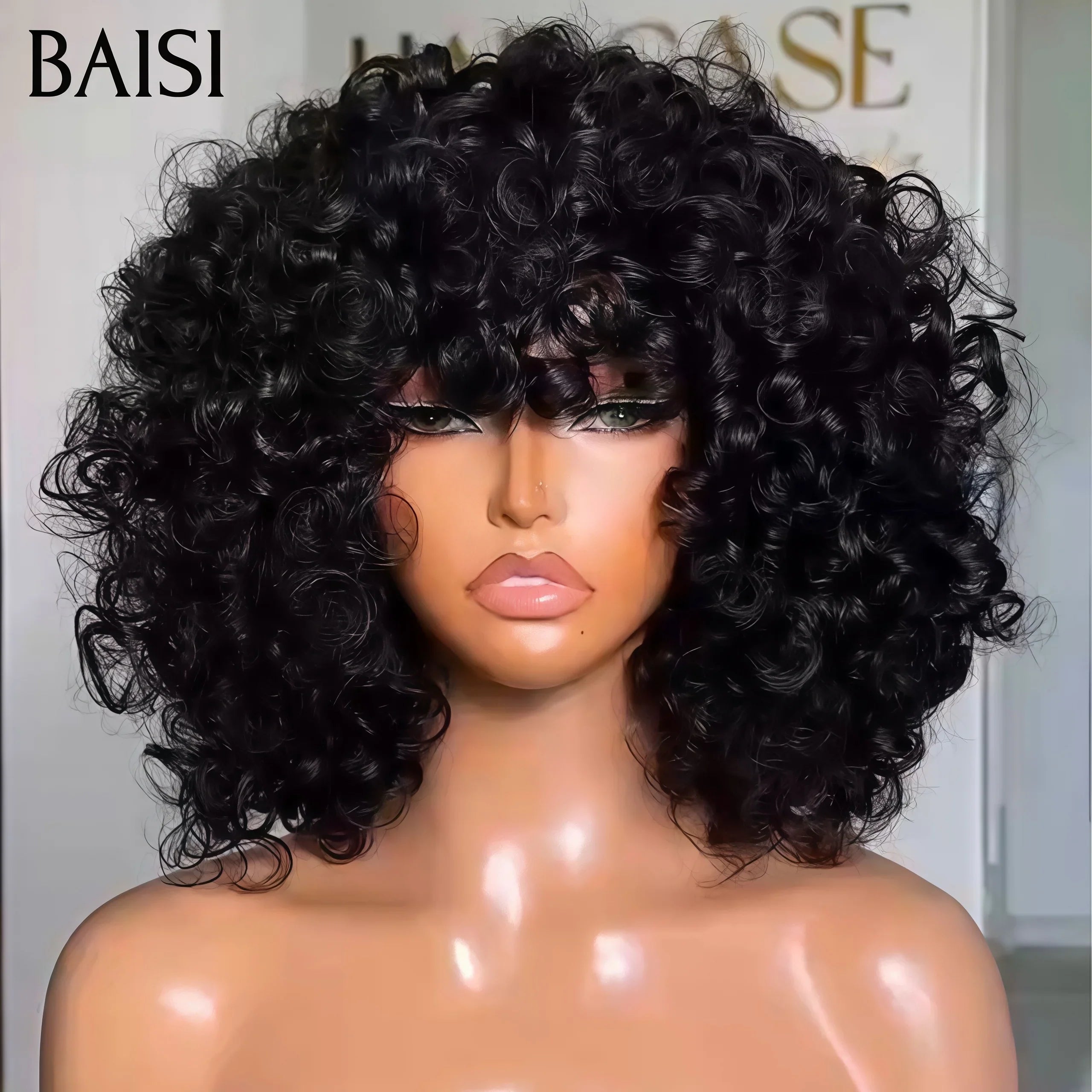 BAISI Perruques bouclé Wave avec Frange 14 pouces 250% densité sans colle sans Colle Fabriqué à la Machine en 100% Cheveux Humains