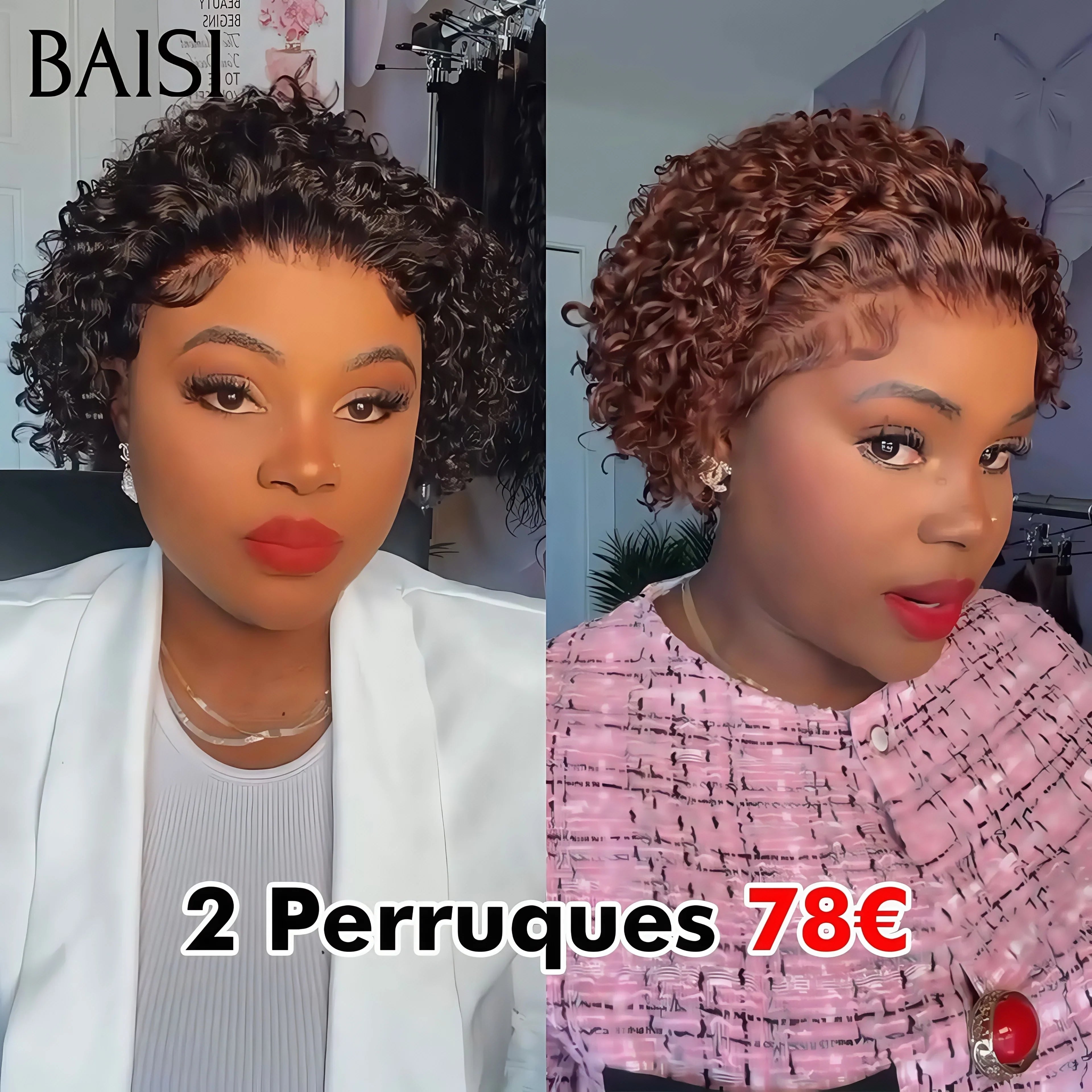 BAISI 2 perruques 78€ Vente en gros 13X4 lace frontal  pixie curl en couleur NOIR et Marron en 100% vrais cheveux humains