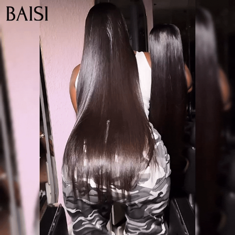 BAISI 13x4 Lace Frontale Lace Perruque 1B# long lisse wave 30 Pouces  100% Cheveux Humains BS65