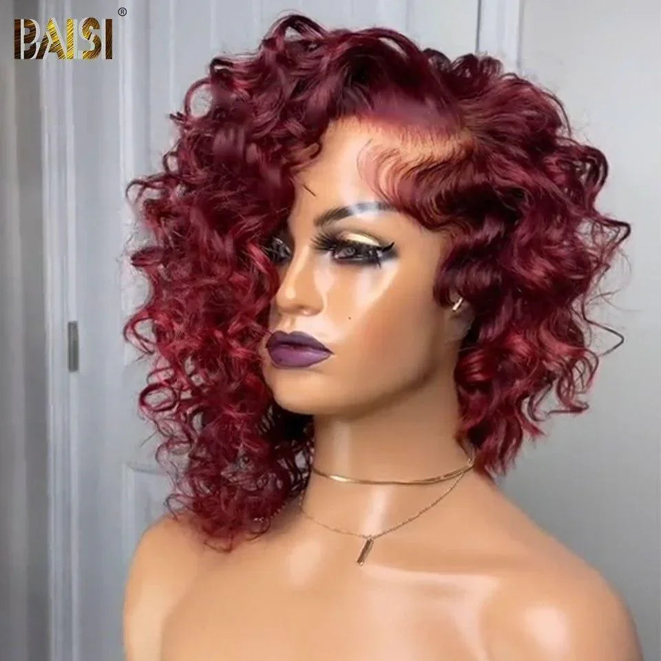 BAISI 13X4 lace Natural wave bob Wig In Burgundy Color 99J# in 100% Human Hair