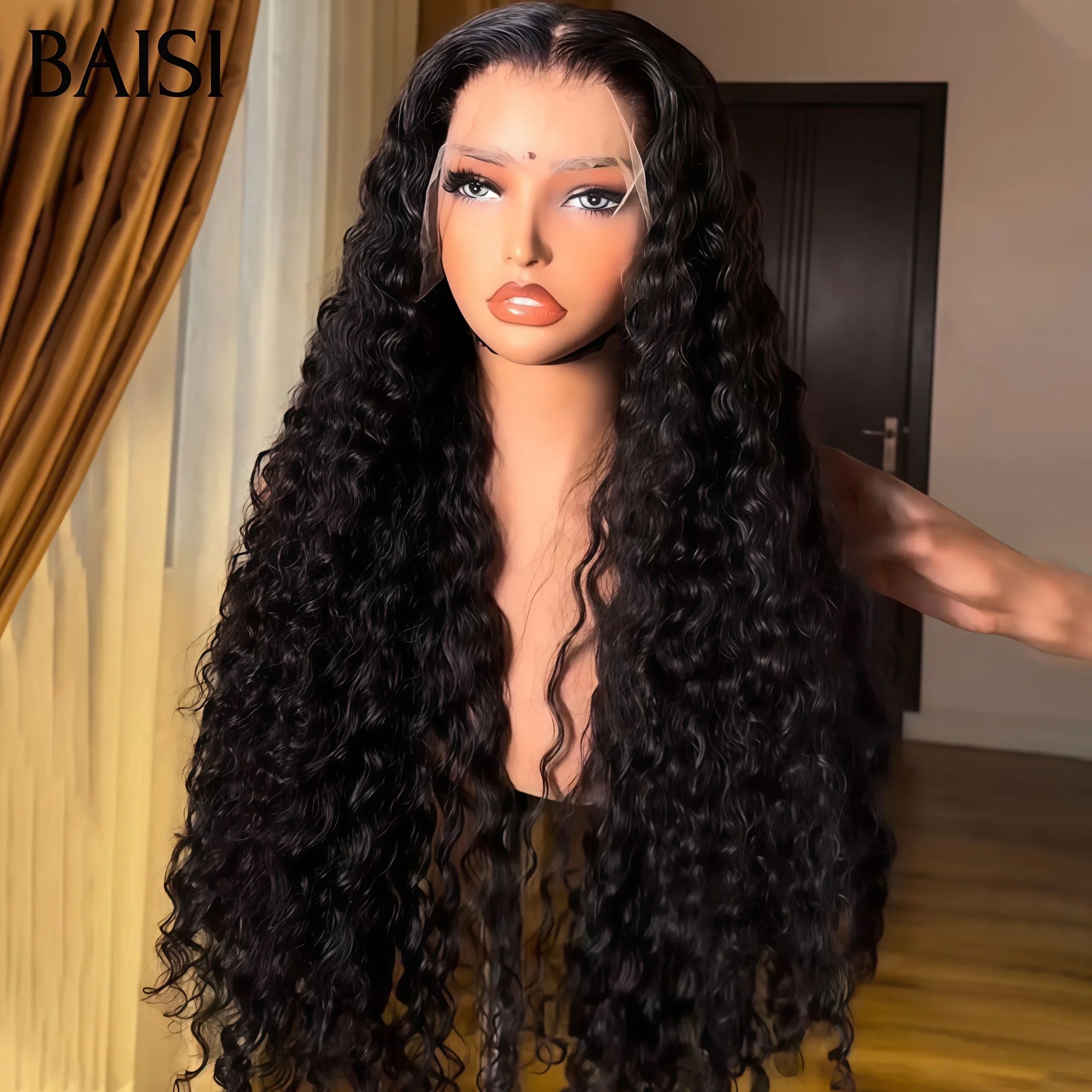 BAISI  13X4 lace frontal Perruques pour revendre long deep wave couleur NOIR en 100% vrais cheveux humains