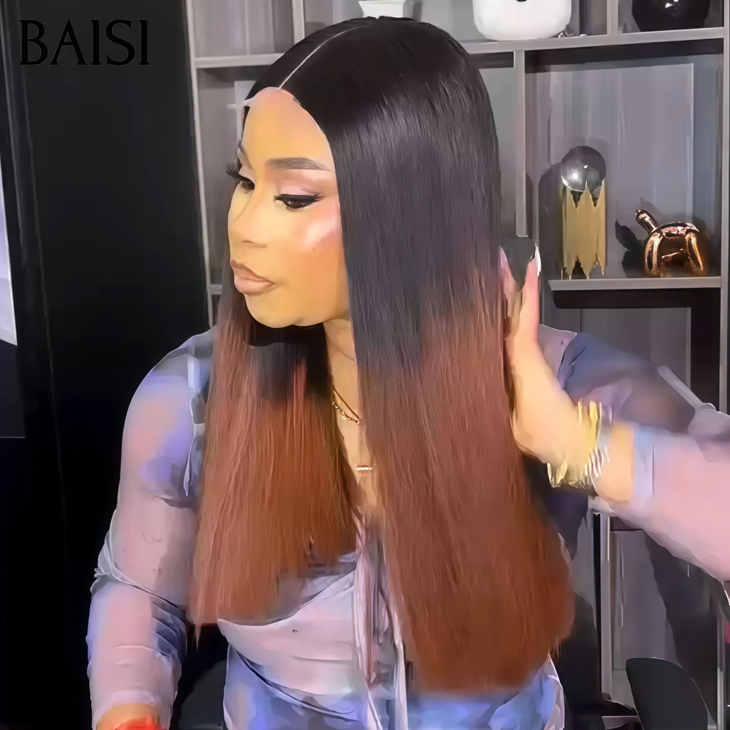 BAISI 2X6 perruque SDD BONE Straight Lisse Bob Haute Qualité en couleur Marron avec racine noir  1BT4# 250% Densité 100% Vietnam Hair