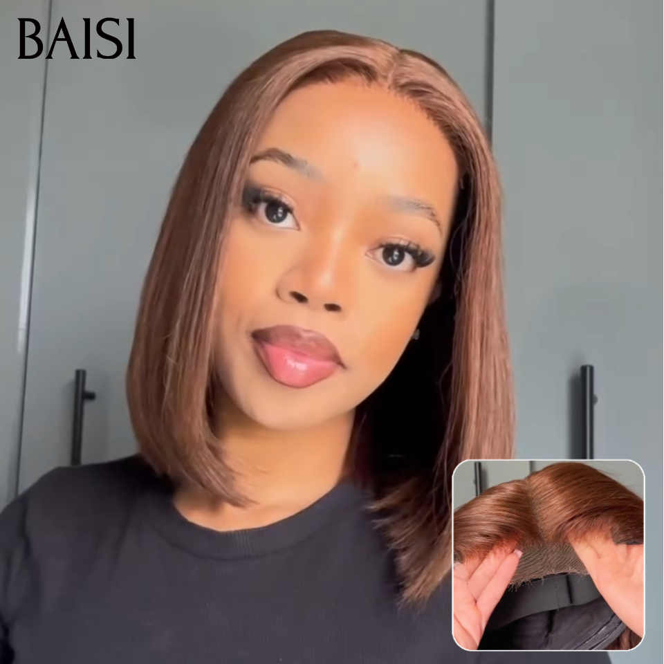 BAISI  3 Perruques Lisse bob pour revendre 200€ 2X6 lace 8 pouces en Couleur Bordeaux 99J# ou Marron 4/27# ou Miel 1BT30# DE luxe 250% densité en 100% vrais cheveux humains FR38