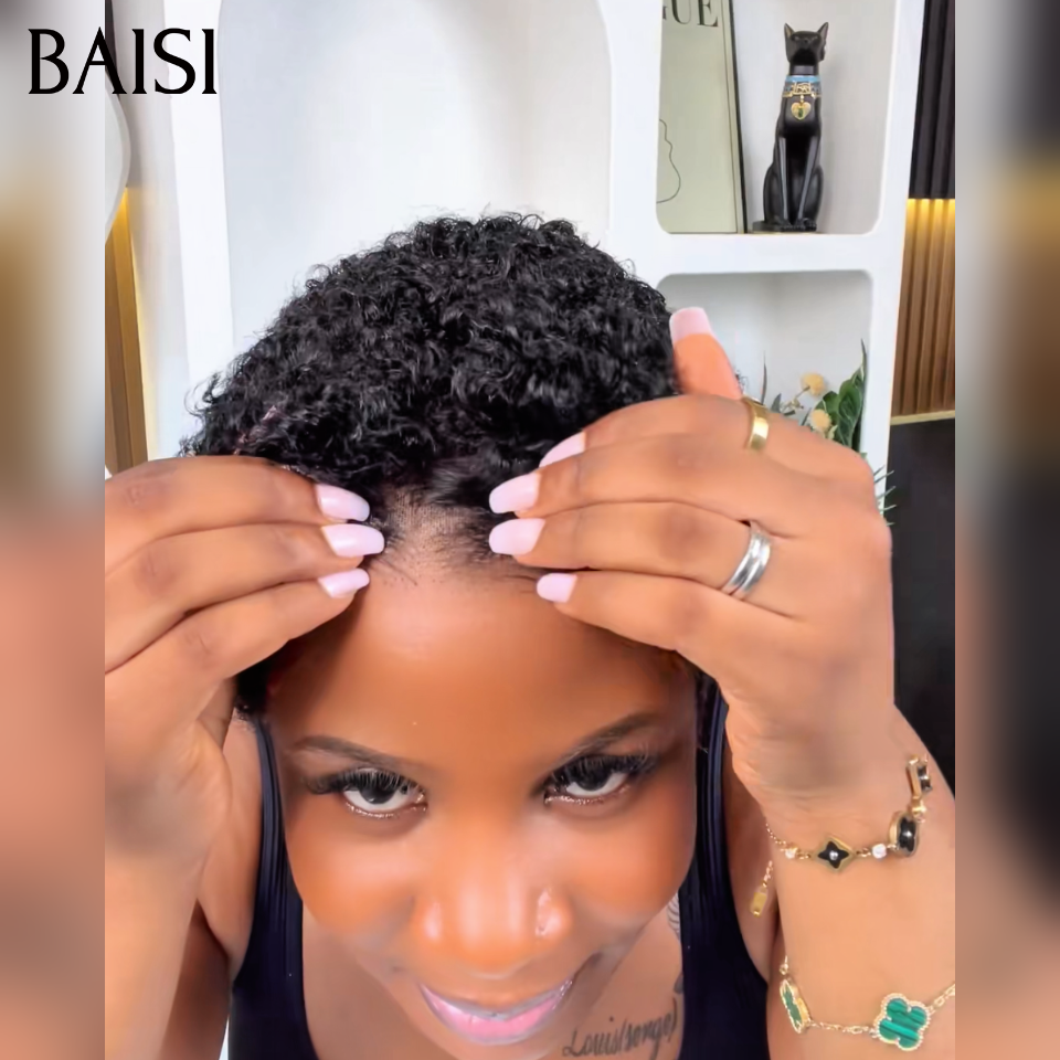 BAISI Perruque Pixie 13x4 lace frontal curly wave 52€ en couleur noir 100% Cheveux Humains