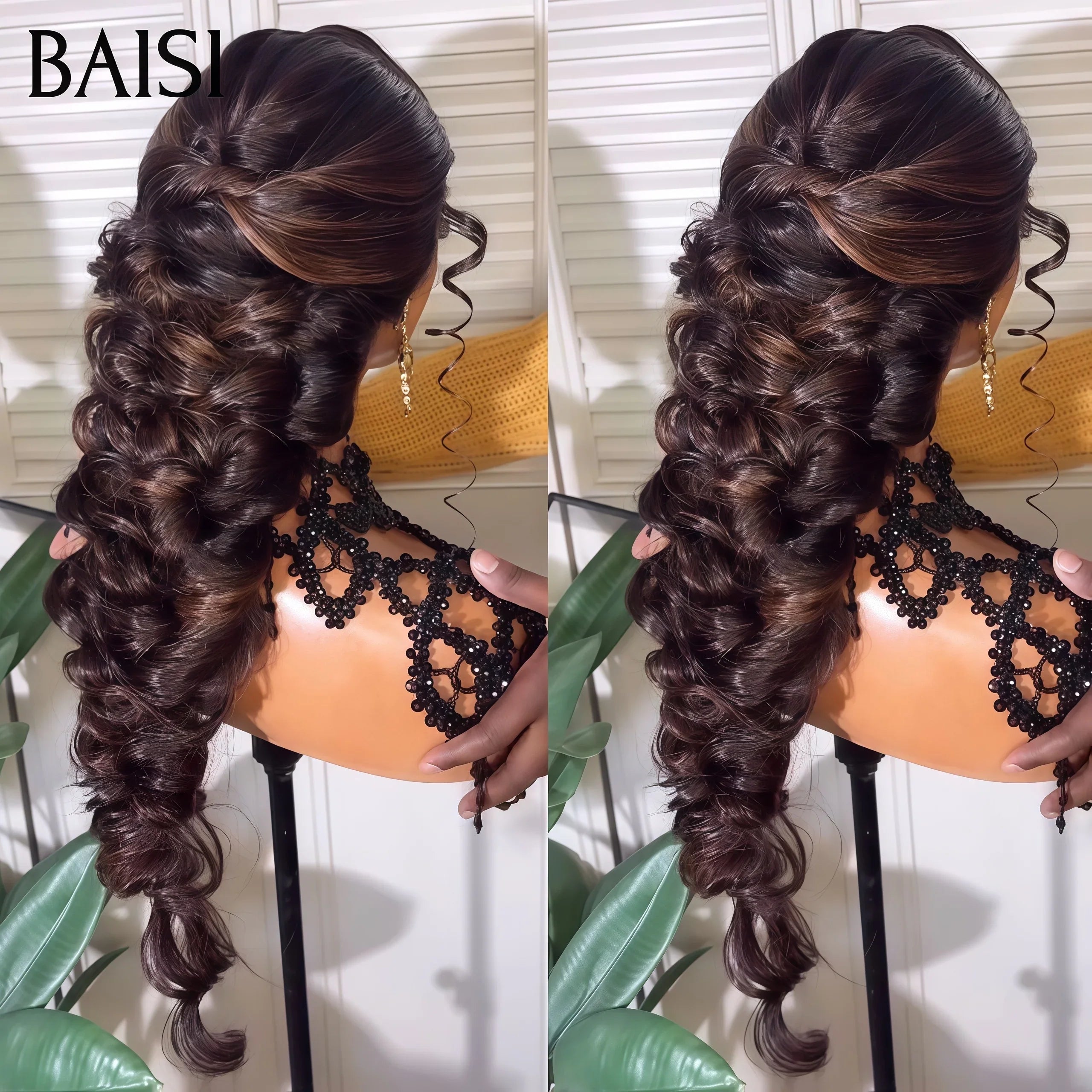 BAISI Coiffure de luxe Amelia Perruques Mariage noir Prête à porter chignon et personalisation comme sur la vidéo 100% identique avec lace frontale événement spécial en couleur NOIR Mixte brun FR40