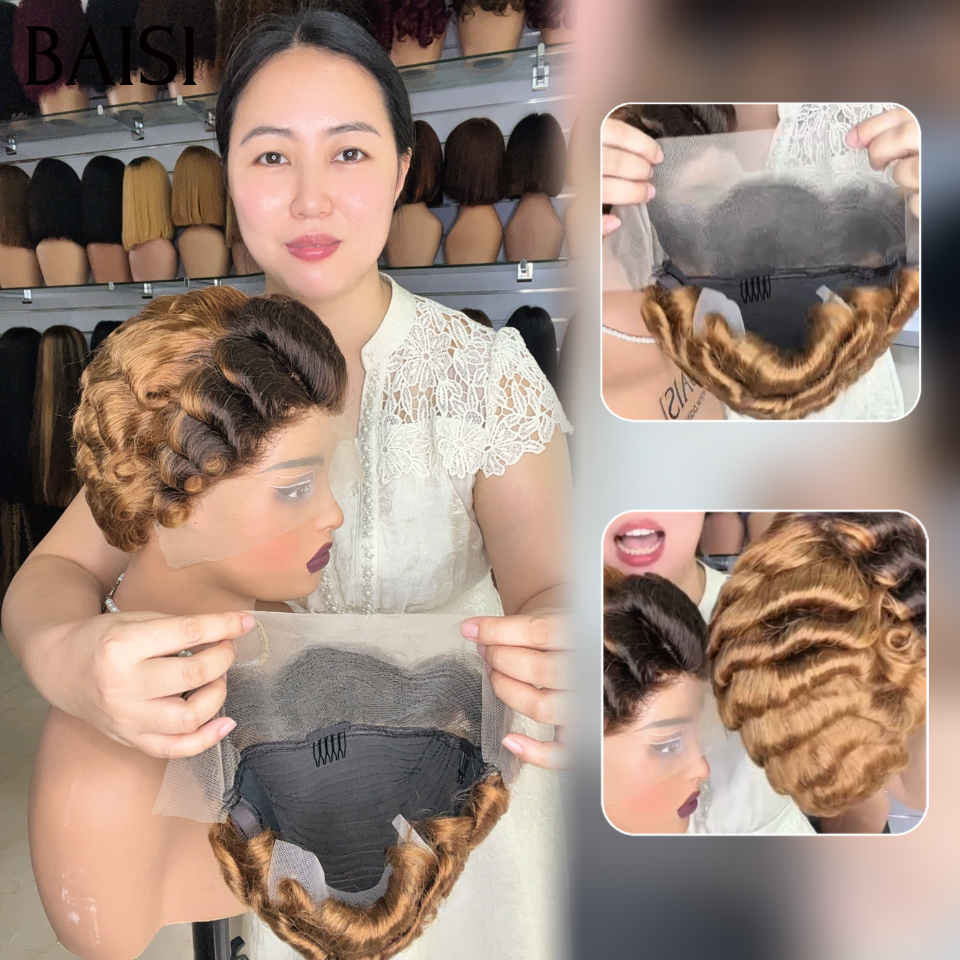 BAISI 13x4 Lace Pixie Courte Contre la Chaleur 59€ Seulement Couleur Miel et Noir 1B/27#  Boucle Wavy A la Mode En 100% Cheveux Humains