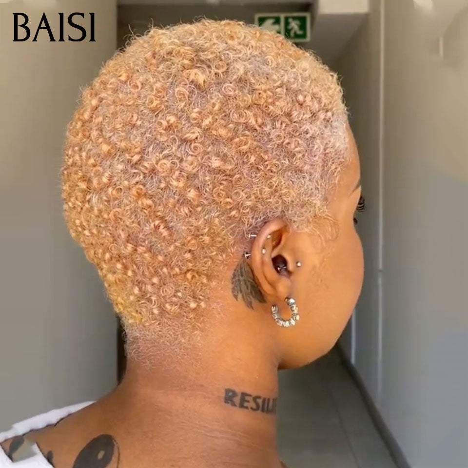 BAISI Full lace Perruques 159€ Moitié Prix pixie afro Miel identique à la photo Facile à Porter  en 100% vrais cheveux humains Lace déjà couper