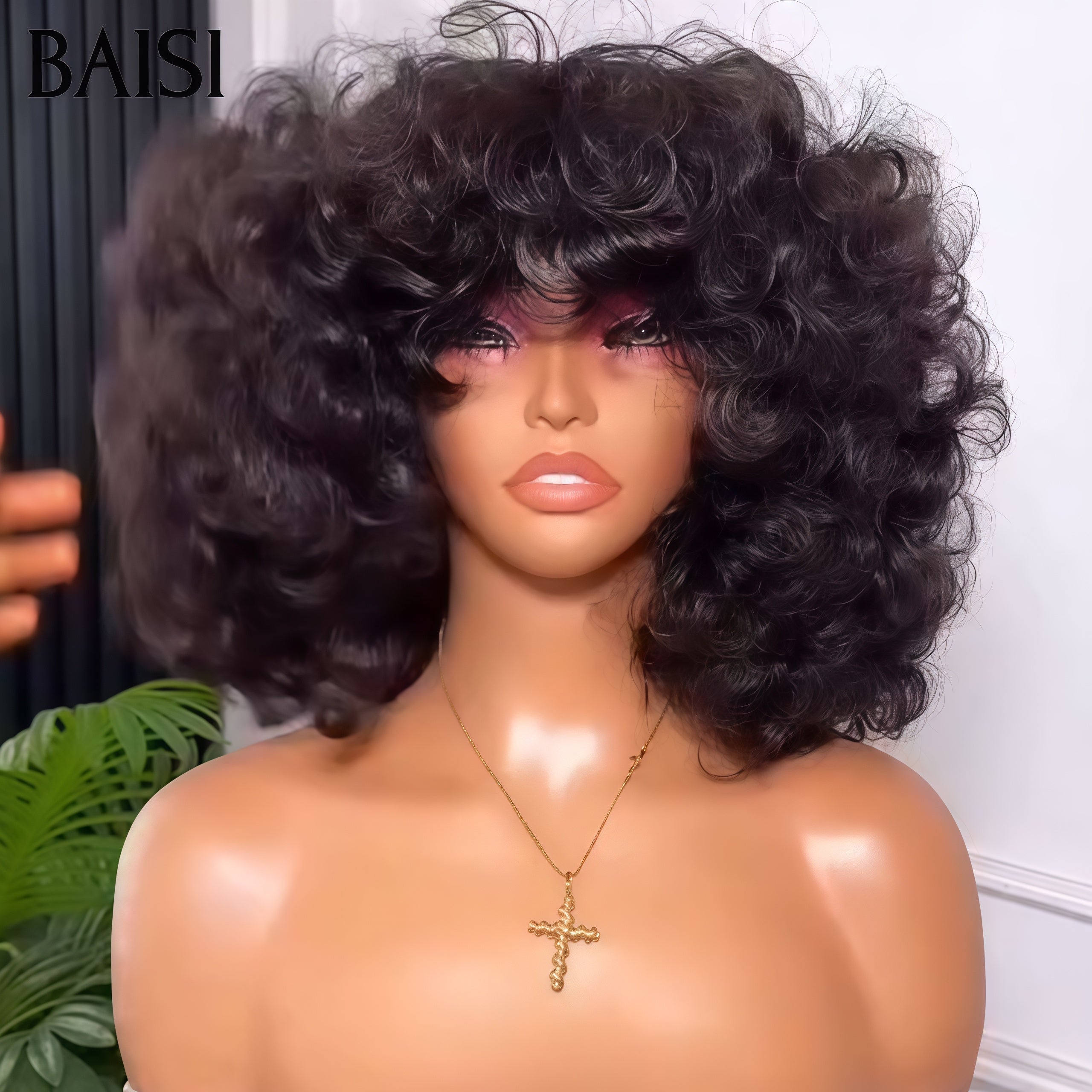 BAISI Perruques bouclé egg Wave avec Frange 14 pouces 300% densité sans Colle Fabriqué à la Machine en 100% Cheveux Humains