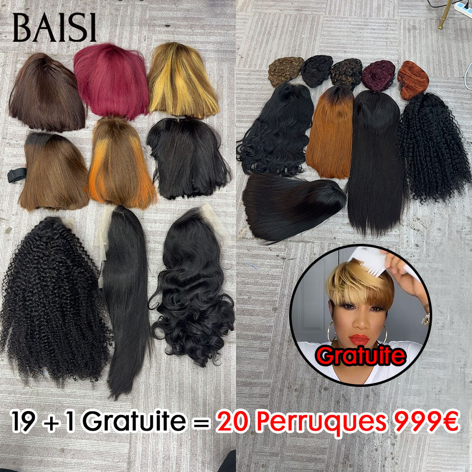 BAISI Lot de 19 perruques+1 Gratuite = 20 perruques 999€ Flash Offer PROMOTION styles de perruques différents pixie ou Lisse ou curly wave ou Body wave en 100% vrais cheveux humains FR40