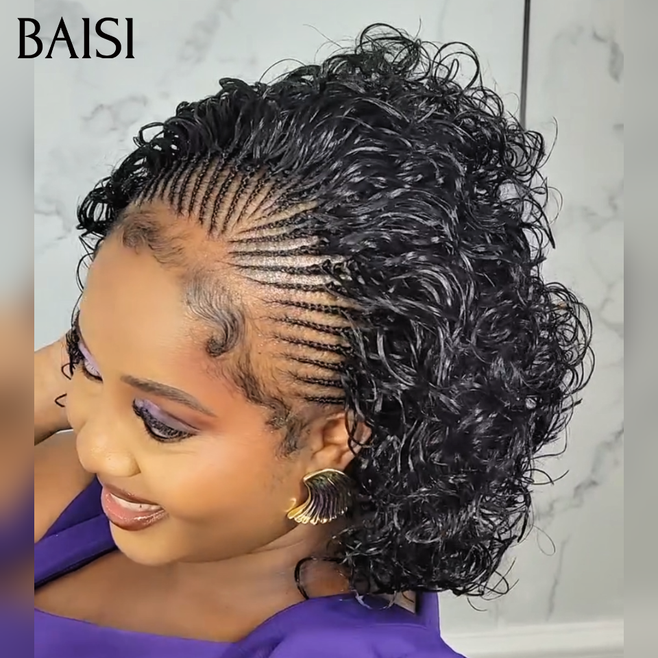 BAISI Full Lace Perruque Water Wave Noir  Dentelle Pleine Contre Chaleur avec Nattes Coiffure Deja Faite  169€ Rendue 100% Identique A la Photo en 100%  en cheveux humains