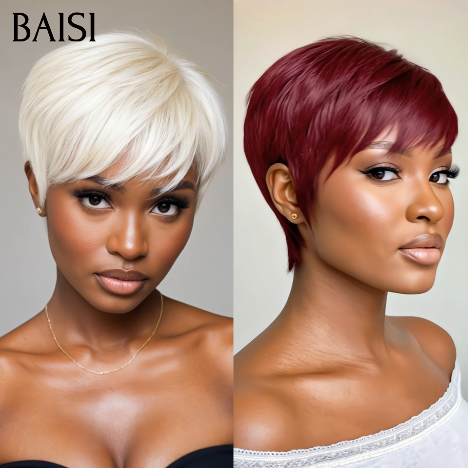 BAISI Sans Lace Sans Colle Perruque  LEA  petite coupe Pixie Lisse Trois Couleurs Noir 1B# ou Bordeaux 99J# ou Blonde 613# fabriqué à la machine en 100% CHEVEUX HUMAINS #026