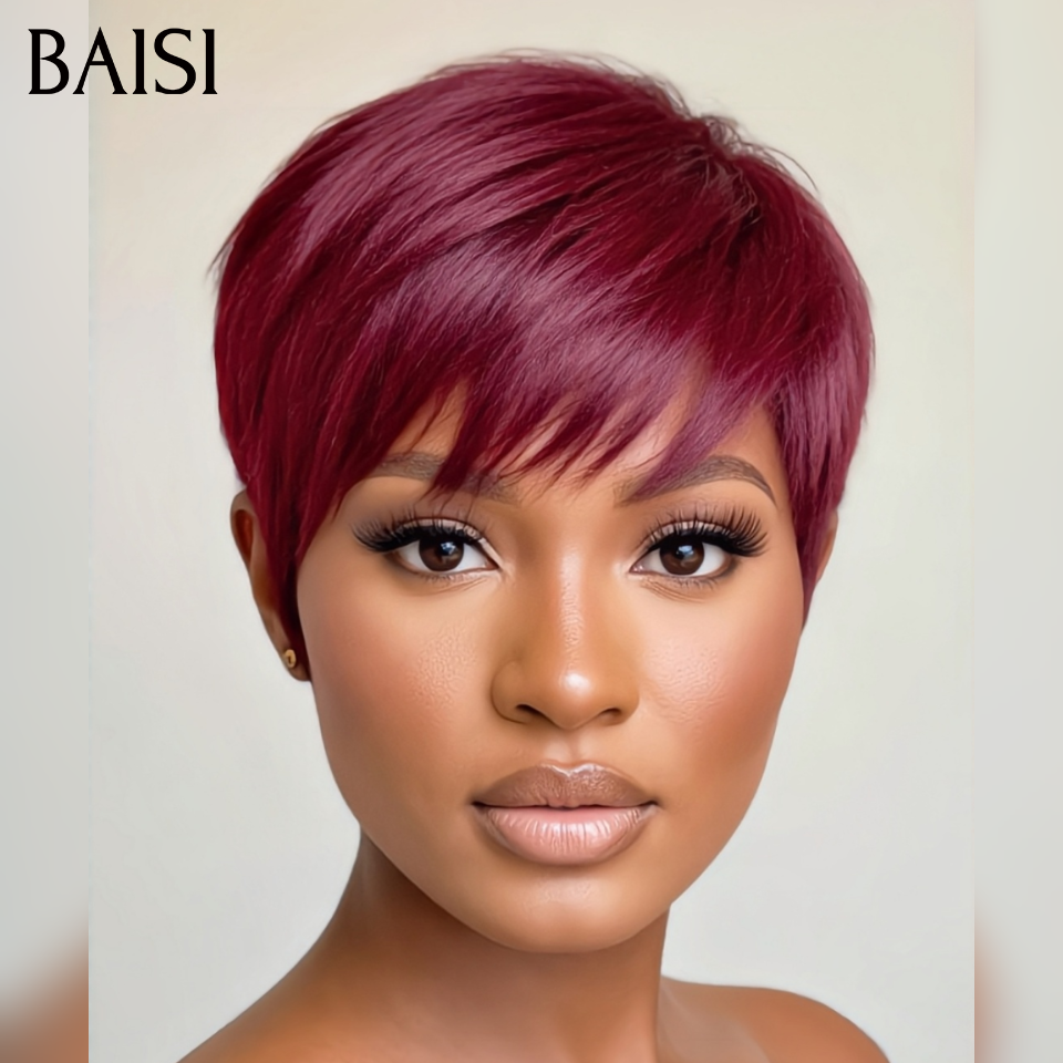 BAISI Sans Lace Sans Colle Perruque  LEA  petite coupe Pixie Lisse Trois Couleurs Noir 1B# ou Bordeaux 99J# ou Blonde 613# fabriqué à la machine en 100% CHEVEUX HUMAINS #026