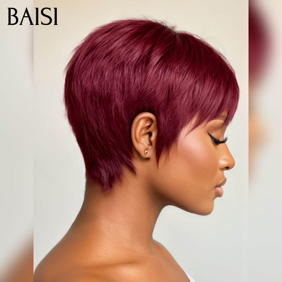 BAISI Sans Lace Sans Colle Perruque  LEA  petite coupe Pixie Lisse Trois Couleurs Noir 1B# ou Bordeaux 99J# ou Blonde 613# fabriqué à la machine en 100% CHEVEUX HUMAINS #026