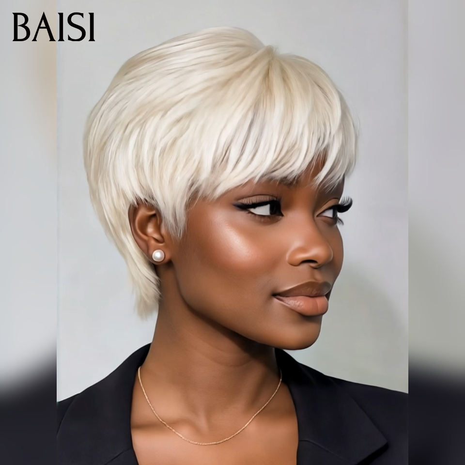 BAISI Sans Lace Sans Colle Perruque  LEA  petite coupe Pixie Lisse Trois Couleurs Noir 1B# ou Bordeaux 99J# ou Blonde 613# fabriqué à la machine en 100% CHEVEUX HUMAINS #026